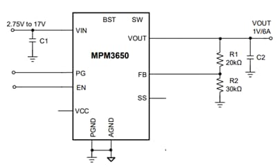 Application Circuit Diagram - Monolithic Power Systems (MPS) MPM3650 Step-Down Power Modules